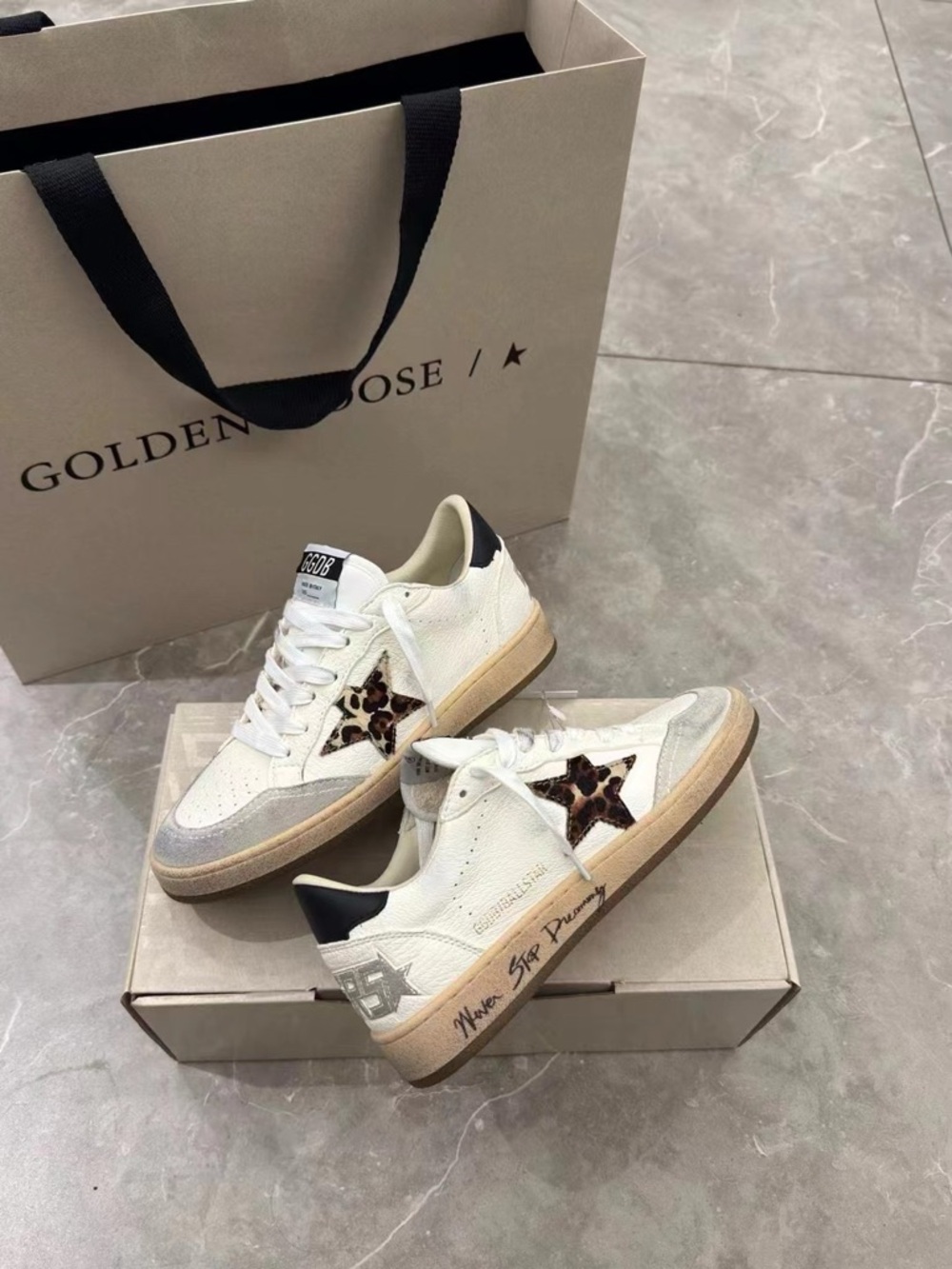 Golden Goose White Leather Low-Top Sneakers with Leopard Star and Black Heel